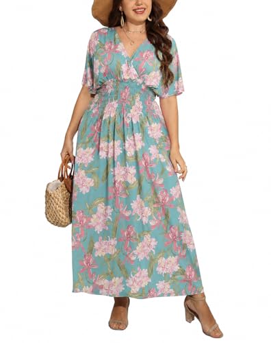 Image of OSTOO Women's Plus Size Hawaii Empire Waist Bat Short Sleeve Casual Floral Print Boho Maxi Dress