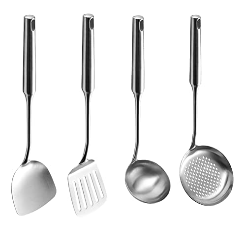 Ustensiles de wok en acier inoxydable 304, spatule et louche, cuillère écumoire, spatule ajourée, ensemble professionnel de 4 outils de wok de 38,1 cm de long Cover