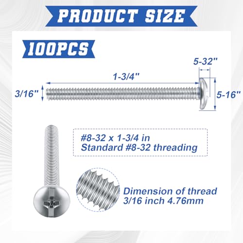 Image of Zonon 100 Pack Knob /Pull Machine Screws 8-32 x 1-3 /4 inch Thread Zinc-Plated Cabinet Metal Phillips Screws Kit Round Head Combination for Cabinet Door Drawer Cupboard Closet Handle Installation