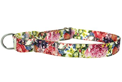 haoyueer Heavy Duty Nylon Adjustable Martingale Dog Collar for Walking Training Boy and Girl Dogs (L:45-53CM, Peony flowers)
