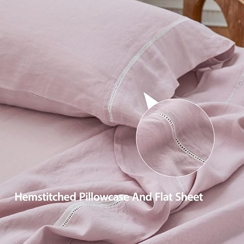 Parure de lit rose en lin délavé 4 pcs pour chambre romantique - 6