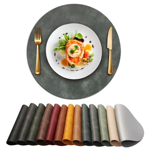 Image of UnivoColors Placemats Round Faux Leather Placemats Set of 8-Waterproof-Wipe Clean-Heat Resistant-Anti Slip Dining Table Place Mats,Suitable for Indoor & Outdoor Use,15 inch.Retro Blue Grey