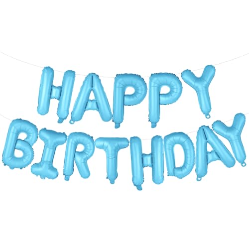Image of Light Blue Happy Birthday Balloons Banner 16 Inch Mylar Foil Letters