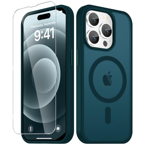 Image of YENAPOON for iPhone 14 Pro Case, Matte Magnetic Phone Cover [with 1 Screen Protector] [Support for MagSafe] [Shockproof Military Grade Protection] Translucent Frosted Back, Blue