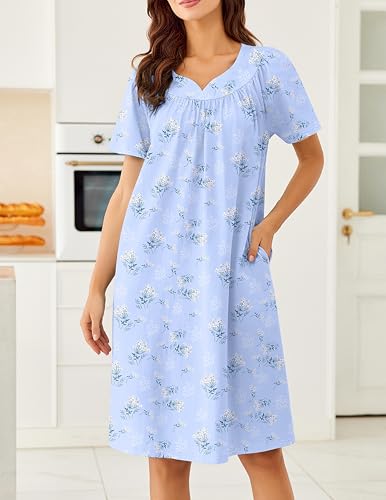 Image of Ekouaer Moo Moos for Women House Dress With Pockets Cotton Nightgowns Short Sleeve Night gowns Embroidered Mumu Dress