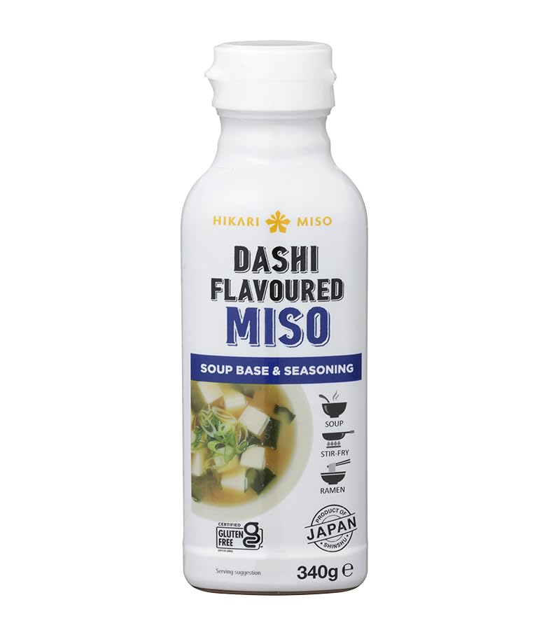 Hikari Miso Dashi Soup Base and Seasoning 340 g - Miso líquido con bonito y Kombu | Salsa condimentosa Umami para sopa, ramen y salsas | Sin gluten base de sopa con adhesivo Kajal