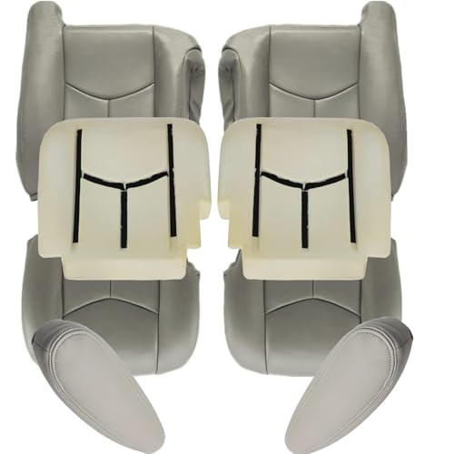 GXARTS Driver and Passenger Side Bottom and Top Lean Back Leather Seat Cover and 2Pcs Foam Cushion & Armrest 922/92i Light Gray Fit for Chevy Silverado Avalanche Tahoe Suburban Yukon Sierra 2003-2006