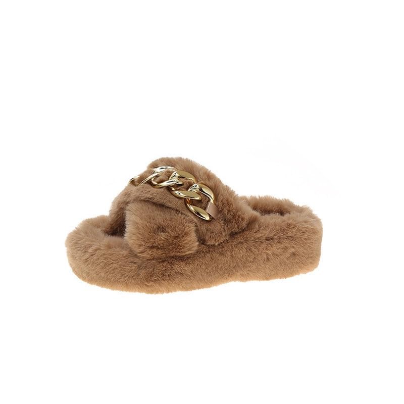 Cuban Link Chain Fuzzy Slippers Women Indoor and Outdoor Clean Girl Aesthetic Gold Chain Slippers Open Toe Soft Plush Stylish Slippers