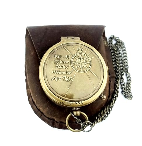 Brújula de latón con grabado y estuche de cuero miniatura 2