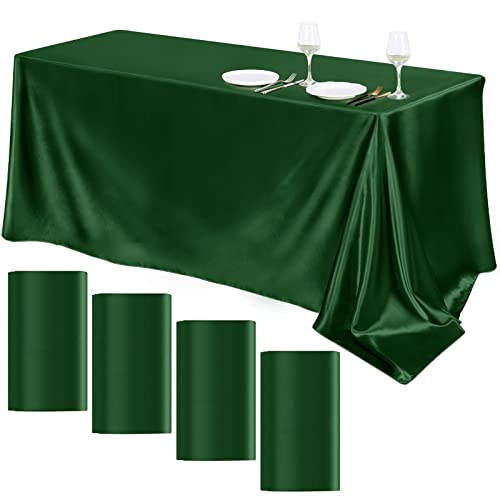 Image of TURSTIN 4 Packs Satin Tablecloth 102 x 58 Inch Overlay Satin Table Cover Rectangle Bright Silk Tablecloth Smooth Fabric Table Decoration for Wedding Banquet Party Events, Dark Green