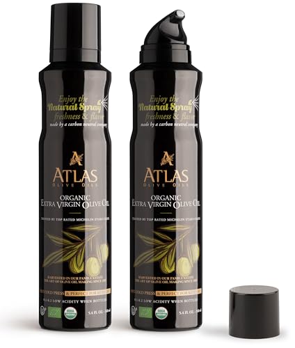 Image of Atlas Organic Extra Virgin Olive Oil Cooking Spray, 5.4 fl oz, 2-Pack | Gourmet EVOO, Olive Oil Extra Virgin Dual Spray & Stream For Cooking, Baking & Nonstick Prep, Polyphenol-Rich, Keto-Friendly