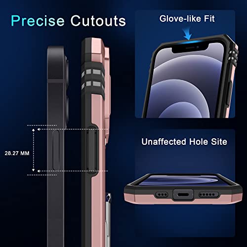 Deerlamn For Iphone 12 Case,Iphone 12 Pro Case With Slide Camera Cover+Screen Protector(2 Packs),Rotated Ring Kickstand Military Grade Shockproof Protective Cover-Rose Gold #TOP6