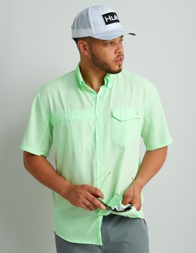 Image of HUK Men's Tide Point Kc Scott Original Artwork Short Sleeve Shirt, Fishing Button Down