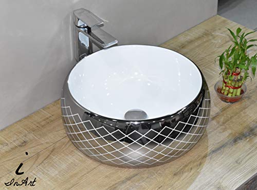 Image of InArt Designer table top wash basin for bathroom /bathroom sink /cabinet wash basin /ceramic basin /counter top basin /vanity washbasin in Round Shape Silver White 16 x 16 x 6 Inch