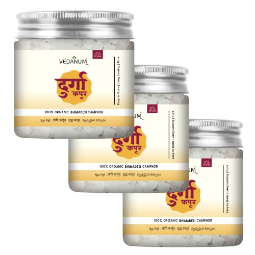 Image of Vedanum Durga Camphor Flakes 100% Pure Bhimadesi Kapoor for Pooja, Havan (Pack of 3 (100gm Each))