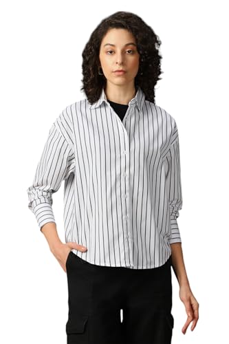 Image of High Star Women Cotton Striped Oversized Fit Collar Full Sleeves Shirts