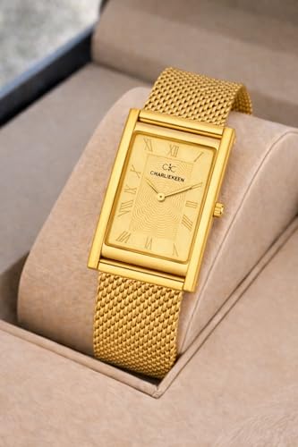 Image of CHARLIEKEEN Rectangular Watch, Gold, Mesh Strap, Roman Numerals, Textured Dial for Men