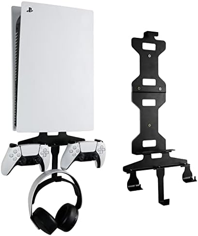 PS5 Wall Mount, Wall Bracket for Playstation 5 (Disc and Digital Edition) with Detachable Controller Holder & Headphone Hanger, Stealth Mount for PS5, Black