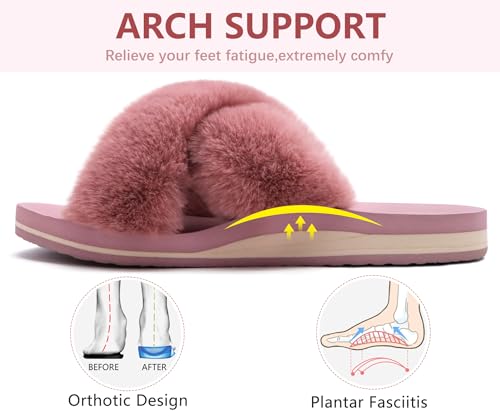 Image of COFACE Womens Fuzzy Slides Fluff Faux Fur Cross Slippers Open Toe Yoga Mat House Slipper Sandals With Arch Support For Indoor /Outdoor