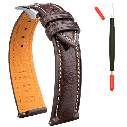 Gomvadr Italian Leather Watch Band Tuscany Natural Vegetable-Tanned Leather Strap,18mm 19mm 20mm 21mm 22mm XL XXL Replacement Watch Straps for Men and Women,Thick and Soft (Coffee / Silver Buckle, 22mm-XXL)