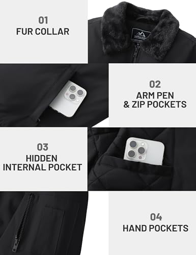 Image of TACVASEN Men's Fleece Jacket Full Zip Up Warm Bomber Jackets for Daily Wear | Winter thick jacket coat for men , fur collared bomber style with 4ple pockets for travel, outdoor walking