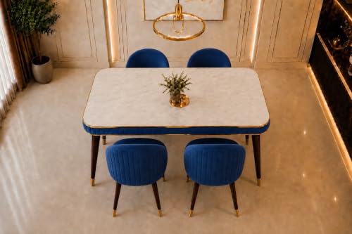 Image of WOODEN SPACE Majestic 4 Seater Wooden Dining Table Set | Urban Marble Top Dining Table with Chairs for Dining Room & Kitchen (Majestic Classic Backline Navy Blue) (54 x 36 x 30 inch)