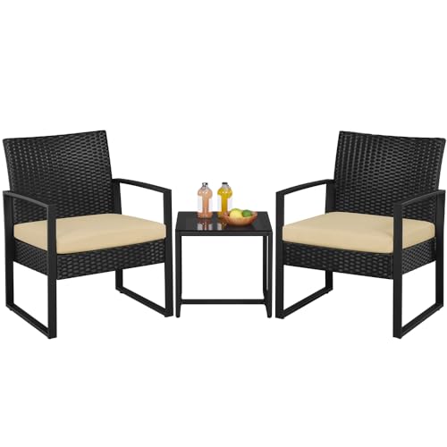Yaheetech Salon de Jardin Exterieur 2 Fauteuils et 1 Table Basse en Poly Rotin et Métal Mobilier Fauteuils de Jardin pour Balcon/Bar/Bureau Noir/Kaki