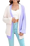 cosofme Fall Winter Cardigan Long Sleeve Open Front V Neck Loose Color Block Cardigans for Women Long Knit Cardigan Coat
