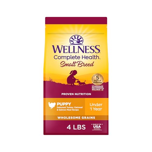 Wellness Complete Health Small Breed Puppy Dry Dog Food, Wholesome Grain Kibble, Natural, Turkey, Oatmeal, and Salmon Recipe, 4 lb Bag