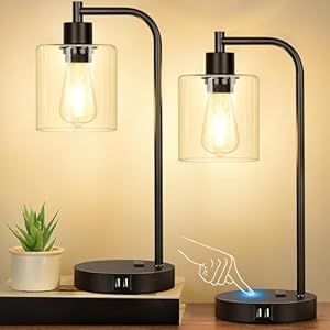 Set of 2 Industrial Touch Control Table Lamps with 2 USB Ports and AC Outlet – 3-Way Dimmable Black Bedside Lamps Nightstand Desk Lamps for Bedroom Living Room, Glass Shade & 2 LED Bulbs Included