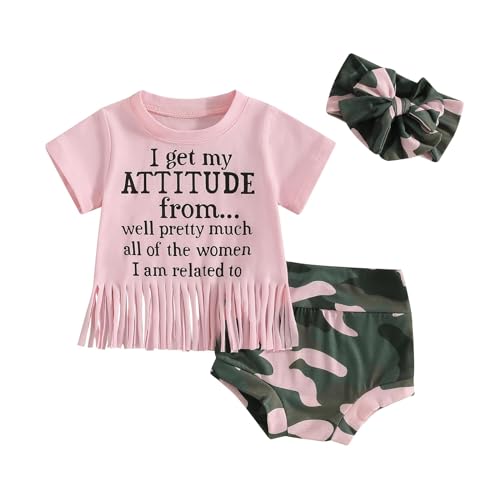 Image of Fernvia Western Toddler Baby Girl Clothes Letter Short Sleeve T-Shirt Top + Tassel Shorts Outfits + Headband 3Pcs Set
