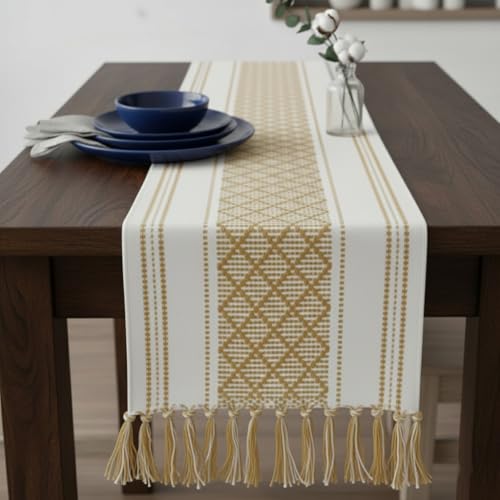 Image of Curated Cart Boho Table Runner 13x70 Inch with Tassels - Cotton Table Runner for 6 Seater Dining Table, Centre Table Runner for Living Room, Farmhouse Dining Table Decor (Brown)