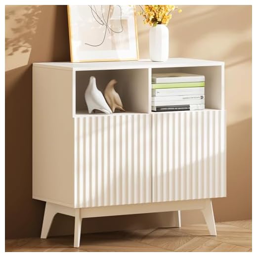 Concho Fluted Storage Cabinet White, Modern Buffet Sideboard with Storage, Accent Cabinet with Solid Wood Legs, Console Table with Doors and Shelves, Credenza for Living Room, Hallway, Entryway