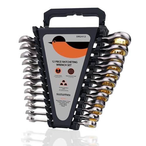 Image of SUZUME 12-Piece Metric Ratcheting Wrench Set (8-19mm) 72T Cr-V 15K+ Cycle Locked Gears Nickel Plated & Organizer for Tight Engine Bays Auto Truck Motorcycle Bike Repair