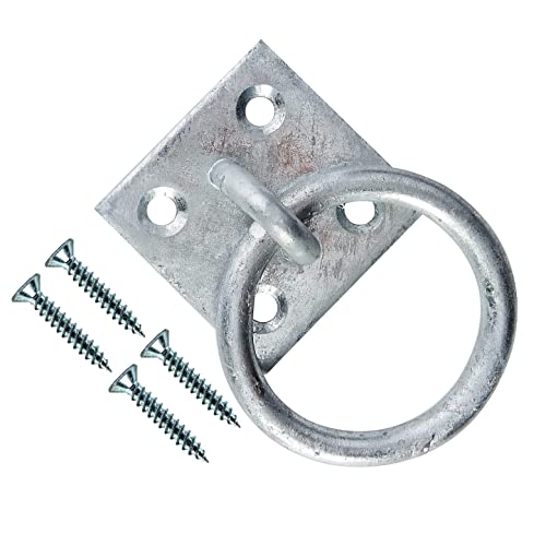 TERF® Heavy Duty Galvanised Security Ring on Plate Hooks 50mm (2 inch) Pad Eye Plate with Hole Ceiling Hook Wall Mount Hook with Screws for Wall Ceiling Hanging and Multi Purpose Use