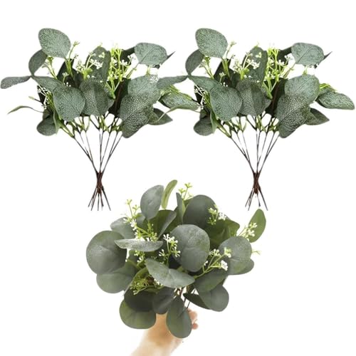Probuk 12 Stück Künstliche Eukalyptus Pflanzen mit Beeren, Realistische Zweige, Eukalyptus künstlich Zweige Deko für Hochzeit, Garten, Innen & Außen Dekoration, Pflegeleicht, Büro Dekoration