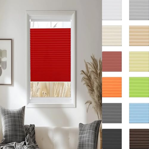 Cortinas Plisadas 30 x 70 cm Protección Visual y Protección Solar Persianas Plisadas Opacas sin Taladrar con Soportes de Sujeción para Cocina Baño Oficina Dormitorio, Rojo