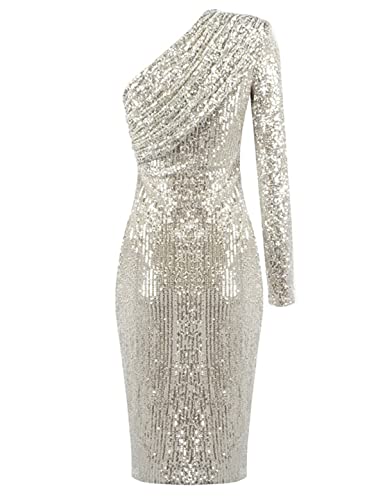 Madam Uniq Women's Sexy One Shoulder Long Sleeve Sequin Sparkle Dress Ruched Evening Gown Midi Formal Dresses2
