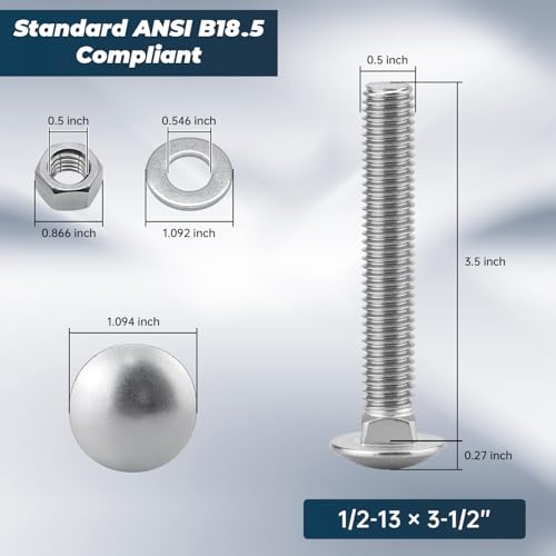 Image of 1 /2-13 x 3-1 /2 Inch Carriage Bolt Kit, 304 Stainless Steel (18-8) with Hex Nuts & Flat Washers - 4 Sets, Round Head Square Neck, Full Thread Coverage by Glvaner