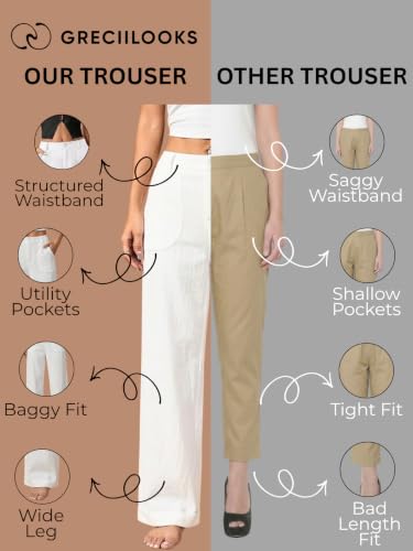 Image of GRECIILOOKS Beige Wide Leg Linen Trousers for Women | High Waist Cotton Baggy Korean Style Casual Pants | Comfortable Formal & Casual Women Trousers