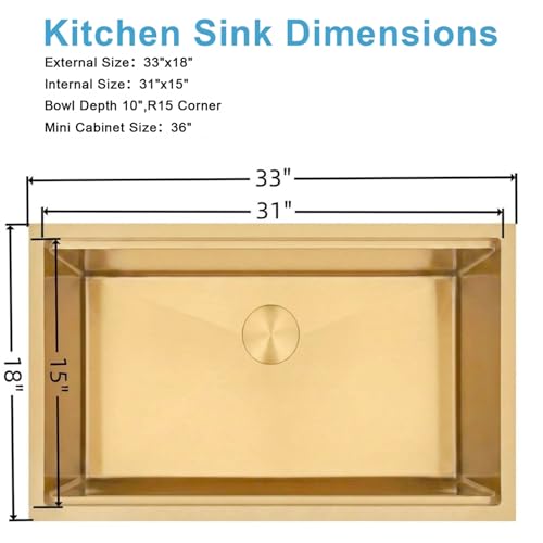 Image of 33 inch Gold Sink,Undermount Single Bowl Kitchen Sinks,16 Gauge Stainless Steel Workstation Kitchen Sink (Gold, 33 X 18 inch)