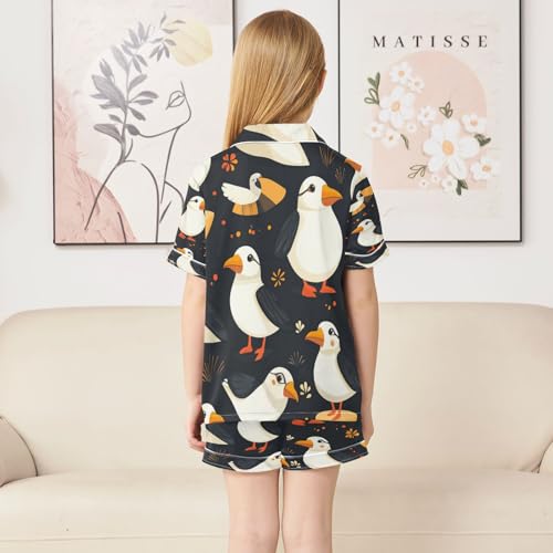 Satin Pajama Sets Short Sleeve Birds on Black Background Button Down Silky Nightwear 2 Piece PJS 5-14Y4