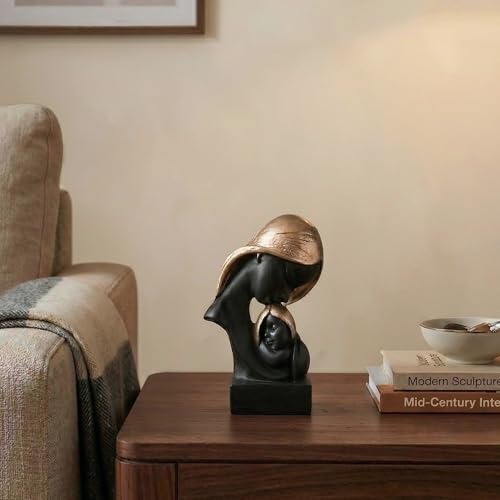 Image of Kuber Industries 4x6 Inch Mother Child Sculpture for House Warming Gift | Resin Mom & Baby Love Idol /Showpiece for Home DecorLiving Room /Desk | Black & Golden
