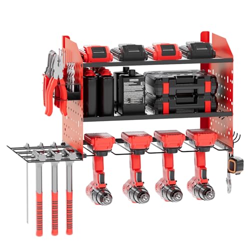 Jellybibo Power Tool Storage, Heavy Duty Wall Mounted Power Tool Organiser, 100Lbs Load 3 Layers Utility Storage Rack for 4 Power Drill Tools for Workshop Shed Pegboard Basement