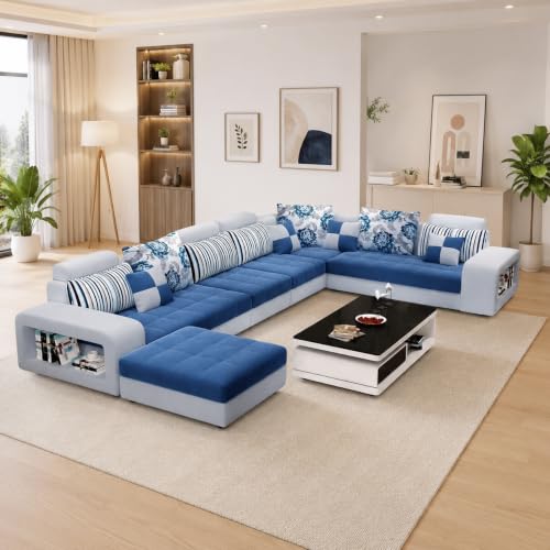 Image of Torque Wood - Allister U Shape 12 Seater Sofa Set for Living Room (Left Side, Blue & Light Grey) | U Shaped Sofa Couch with 4 Puffy for Hall Guest Room | 1 Years Warranty