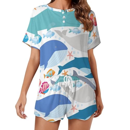 Pyjama requin-baleine dauphin ensemble pour femme vêtement de nuit été manches courtes