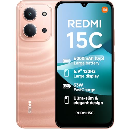 XIAOMI Redmi 15C, Smartphone 4+256GB, Pantalla de 6.99 Pulgadas, 120 Hz, diseño de 7.99 mm, MediaTek Helio G81 Ultra Octa Core, cámara Dual AI de 50 MP, 6000 mAh, Naranja crepúsculo, Cargador no