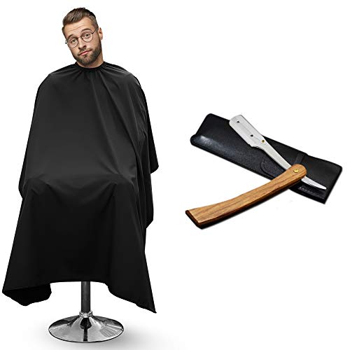 MASHELE Care Professional Straight Edge Barber Classic Razor Shaving Men's Manual Shaver Safety Salon Quality Cut Vintage Wood Handle - 100 Percent Stainless Steel Shavette Barber Approved (Black Cape & Stainless Steel Wood Razor)