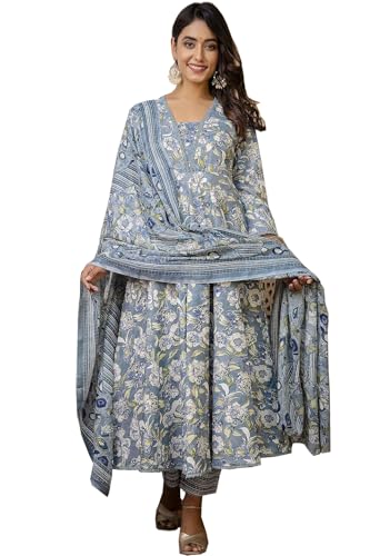 Image of PARTHVI Women's Printed Cotton Anarkali Kurta & Pant With Dupatta Set