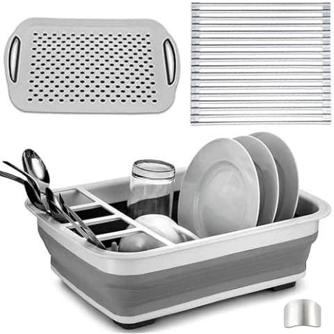Inovare Designs Collapsible Dish Drying Rack & Drainboard Bundle - Ideal for RVs, Campers, Kitchens, Compact Spaces - Easy Storage - Kitchen Organizer & Storage Essential Cover